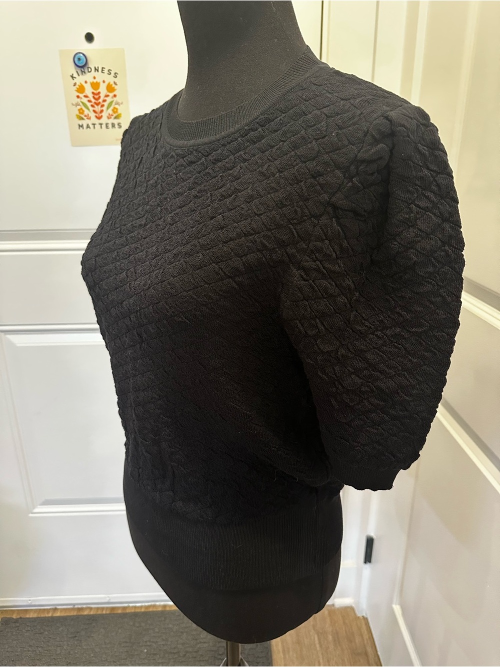 Black Textured Puff-Sleeve Crew Neck Sweater